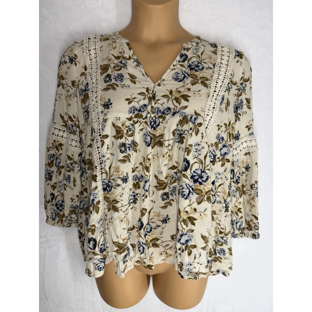 American Eagle Cream White Blue Floral Lace Peasant Blouse Cottagecore Boho M
